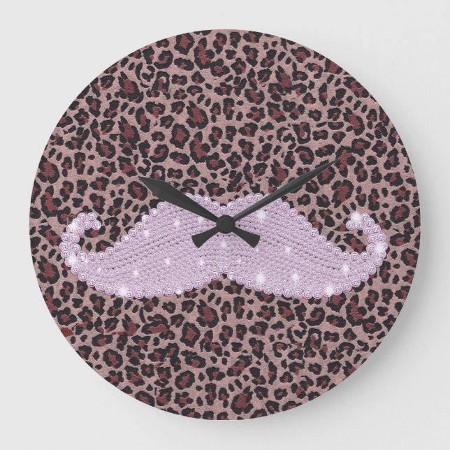 Funny Pink Bling Mustache und Animal Print Muster Große Wanduhr (Vorderseite)