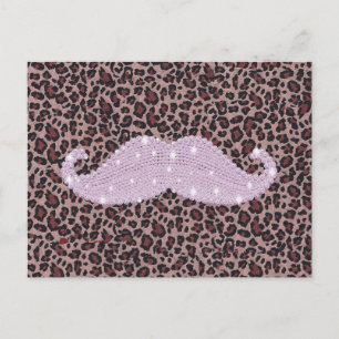 Funny Pink Bling Mustache und Animal Print Muster Postkarte