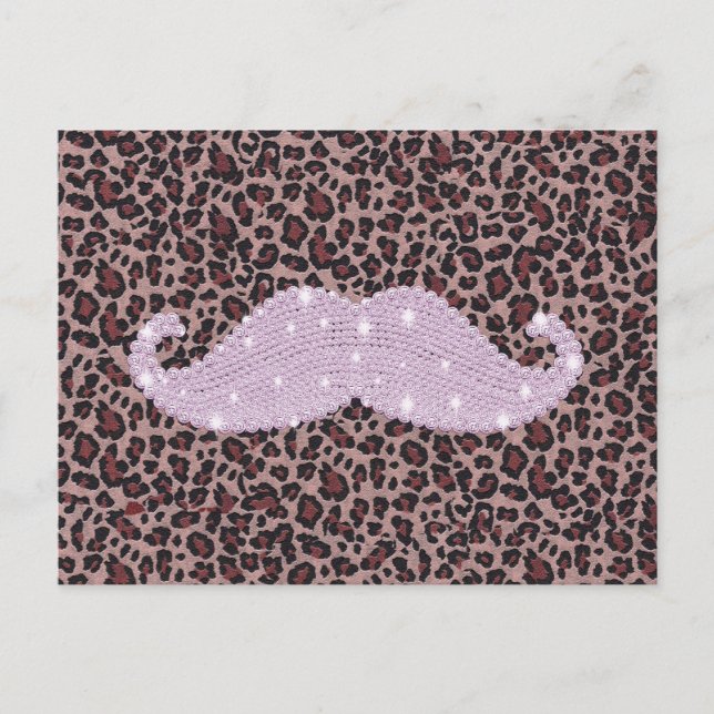 Funny Pink Bling Mustache und Animal Print Muster Postkarte (Vorderseite)
