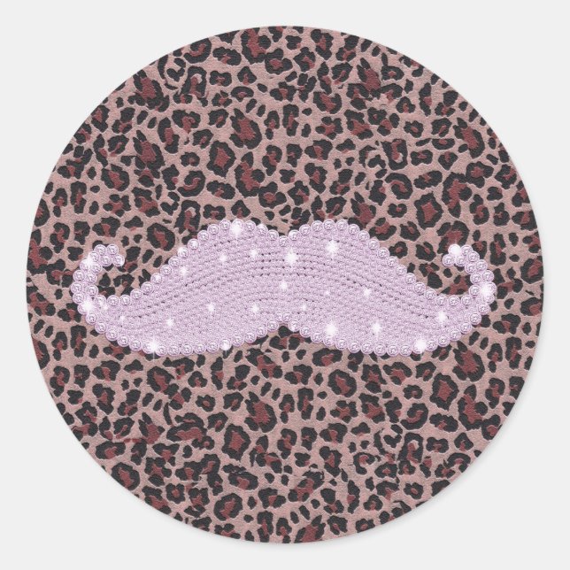 Funny Pink Bling Mustache und Animal Print Muster Runder Aufkleber (Vorderseite)