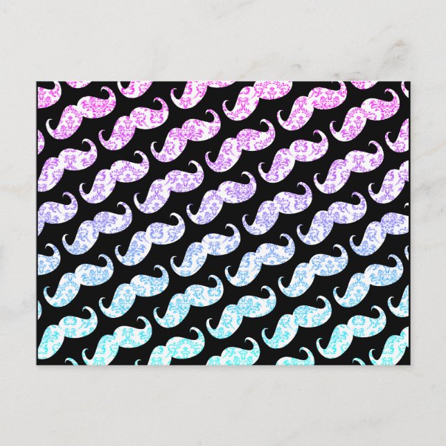 Funny Pink Blue Floral Damask Mustache Muster Postkarte (Vorderseite)