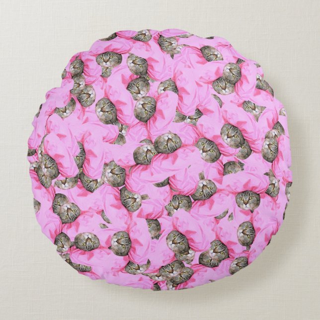 Funny Pink Cat Pattern Rundes Kissen (Vorderseite)