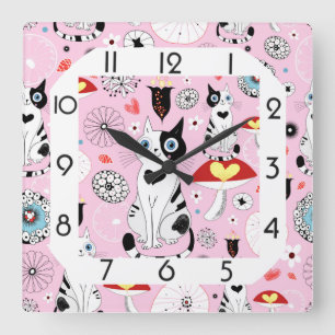 Funny Pink Cat Quadratische Wanduhr