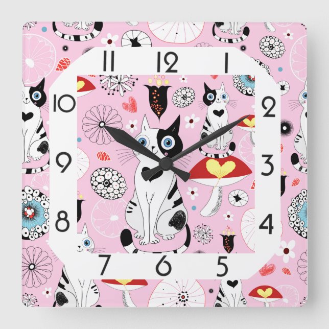 Funny Pink Cat Quadratische Wanduhr (Vorderseite)