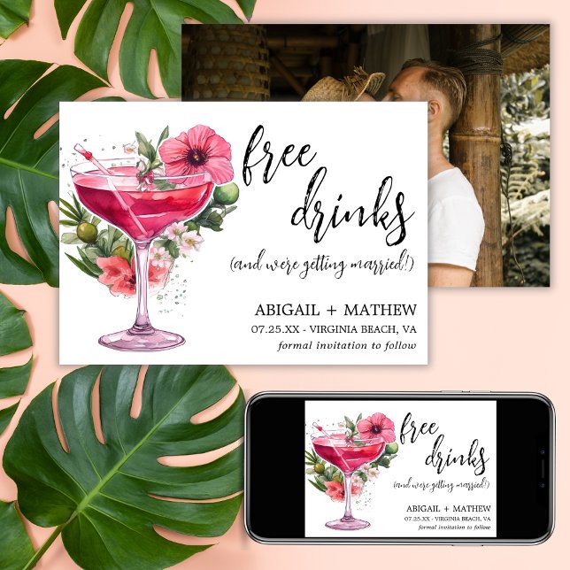 Funny Pink Cocktail Trendy Modernes Foto Hochzeit Save The Date (Funny Pink Cocktail Trendy Modern Photo Wedding Save The Date - Front, Back, Digital)