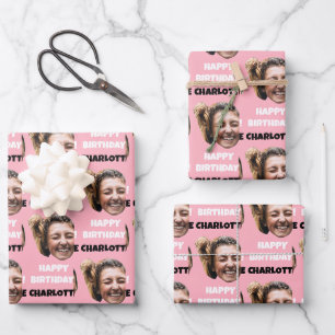 Funny Pink Custom Face Foto Happy Birthday Geschenkpapier Set