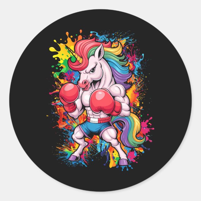 Funny Pink Einhorn mit Boxhandschuhen Runder Aufkleber (Vorderseite)