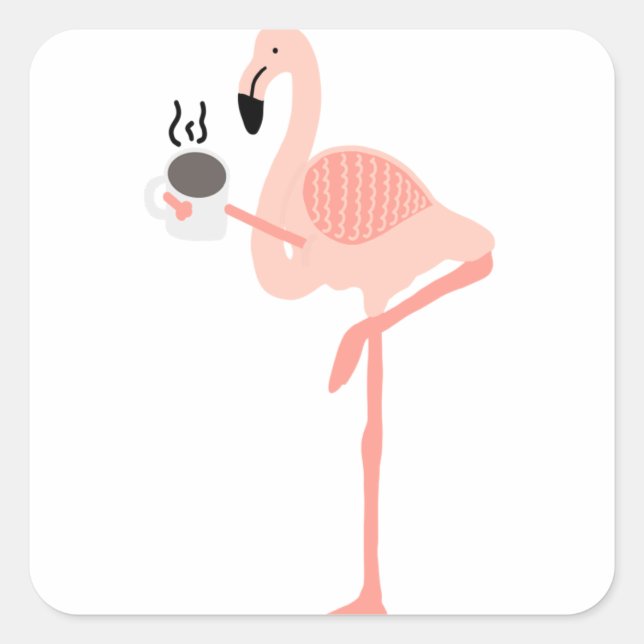Funny Pink Flamingo Drink Coffee Quadratischer Aufkleber (Vorderseite)