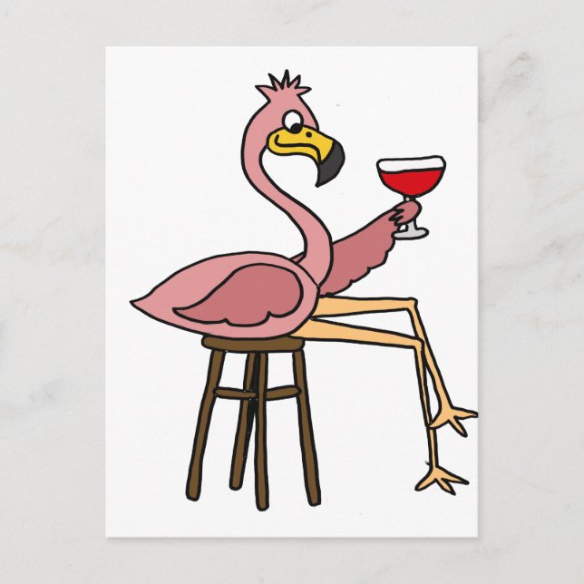 Funny Pink Flamingo Drink Roter Wein Postkarte (Vorderseite)