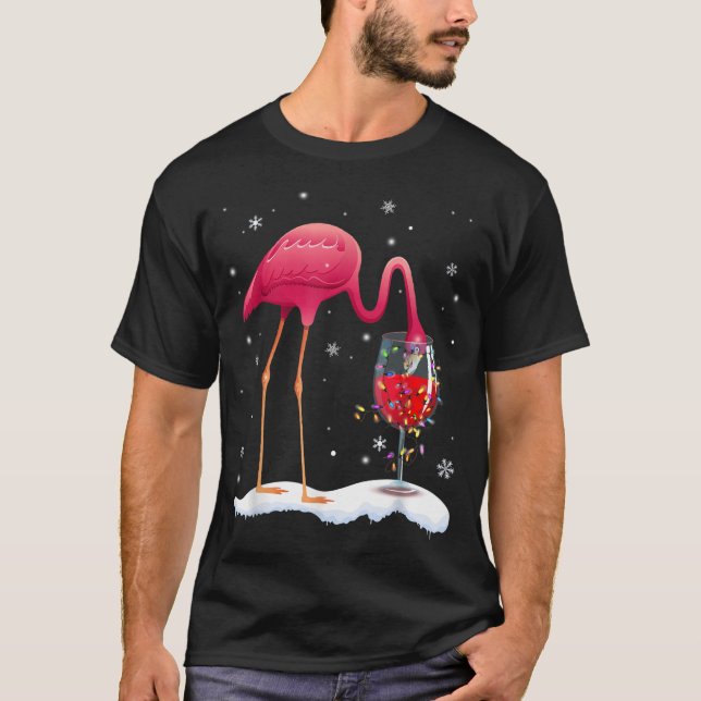 Funny Pink Flamingo Drink Wein Weihnachten Weihnac T-Shirt (Vorderseite)