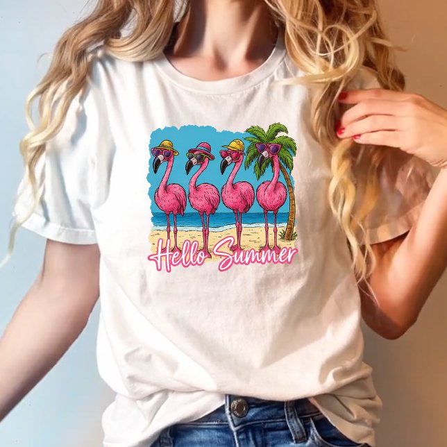 Funny Pink Flamingo Hallo Sommer T-Shirt (Von Creator hochgeladen)