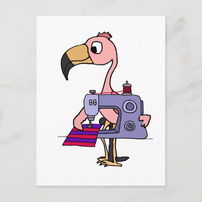 Funny Pink Flamingo mit Nähmaschine Postkarte (Vorderseite)