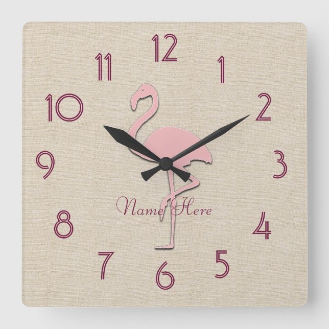 Funny Pink Flamingo Name Wall Clock hinzufügen Quadratische Wanduhr (Vorderseite)