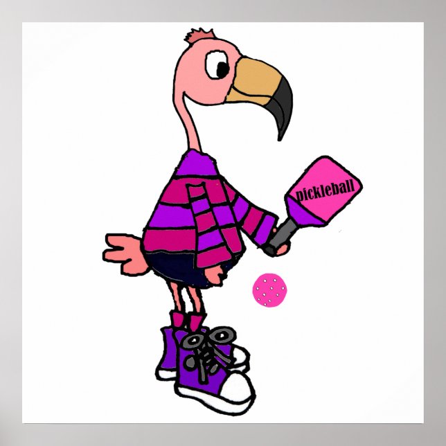 Funny Pink Flamingo Playing Pickleball Cartoon Poster (Vorne)