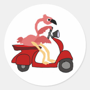 Funny Pink Flamingo Riding Motor Scooter Runder Aufkleber