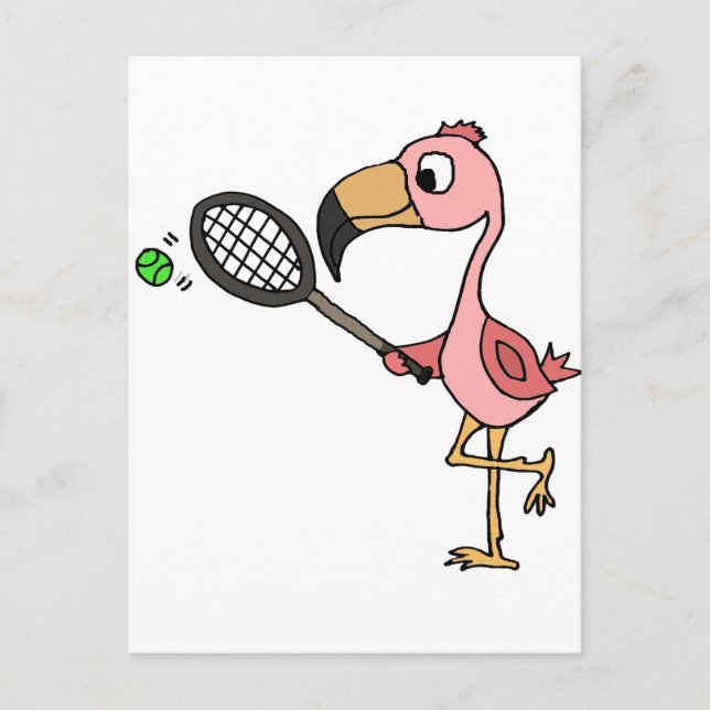 Funny Pink Flamingo Tennis spielen Postkarte (Vorderseite)
