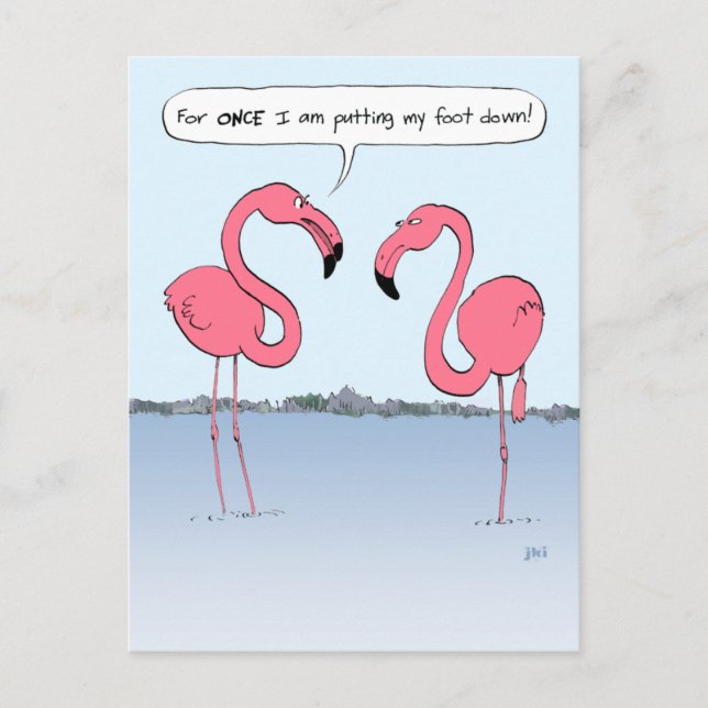 Funny Pink Flamingos Cartoon, der mir den Fuß drüc Postkarte (Vorderseite)