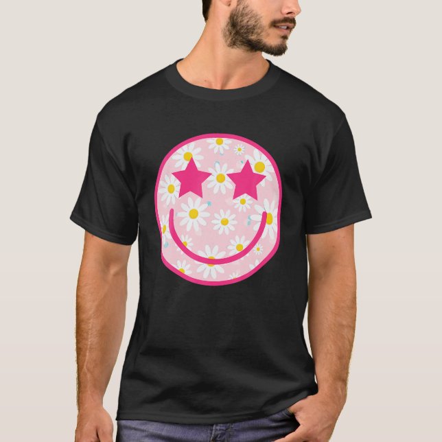 Funny Pink Happy Face Daisy Blume Tshirt Smile Fan (Vorderseite)