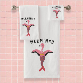 Funny Pink Mermingo Flamingo Mermaid Matching Badhandtuch Set