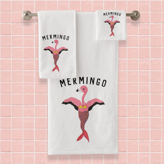 Funny Pink Mermingo Flamingo Mermaid Matching Badhandtuch Set