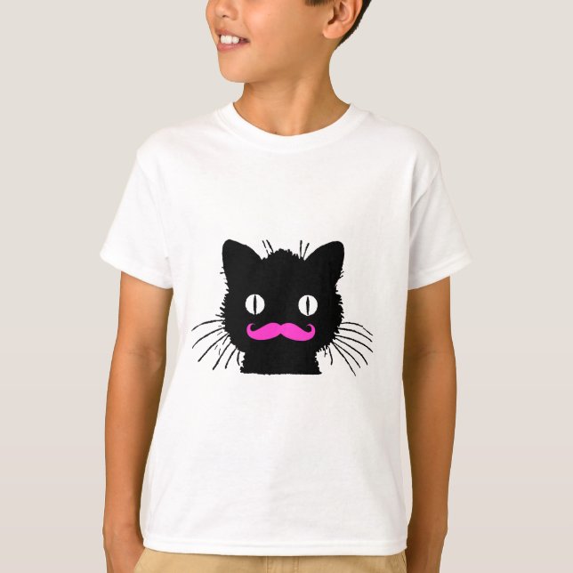 FUNNY PINK MUSTACHE BLACK CAT T-Shirt (Vorderseite)
