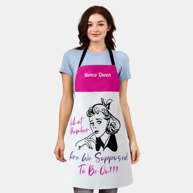 Funny Pink Retro Bunco Queen Monogram Schürze (Getragen)