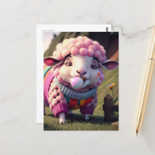 Funny Pink Sheep in einem Sweater Kauen Bubble Gum Postkarte