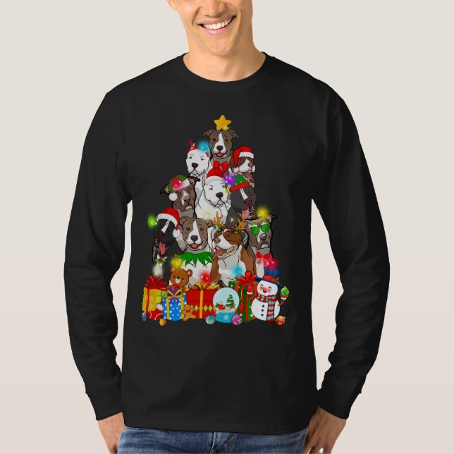 Funny Pitbull Hund Weihnachtsbaum Lichter Welpen H T-Shirt (Vorderseite)