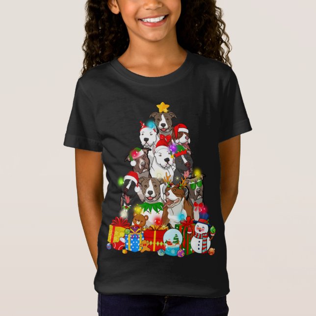 Funny Pitbull Hund Weihnachtsbaum Lichter Welpen H T-Shirt (Vorderseite)