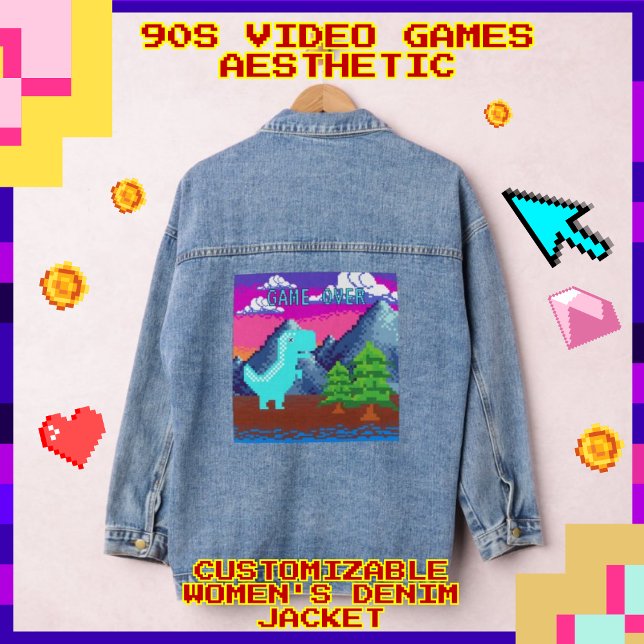 Funny Pixel Gamer Pixelated- Dinosaur Illustration Jeansjacke (Funny Pixel Gamer Pixelated - Dinosaur Illustration Women's Denim Jacket (Jean Jacket);)