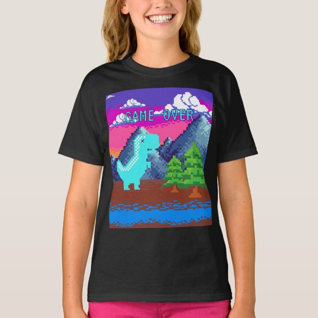 Funny Pixel Gamer Pixelated- Dinosaur Illustration T-Shirt (Vorderseite)