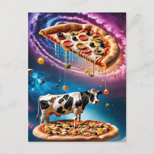 Funny Pizza Cow in Space Postkarte (Vorderseite)