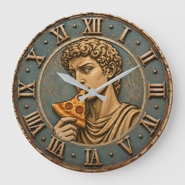 Funny Pizza David Renaissance Art Parody Kitchen  Große Wanduhr (Vorderseite)