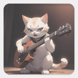 Funny Playing Gitarre Cat Art Quadratischer Aufkleber