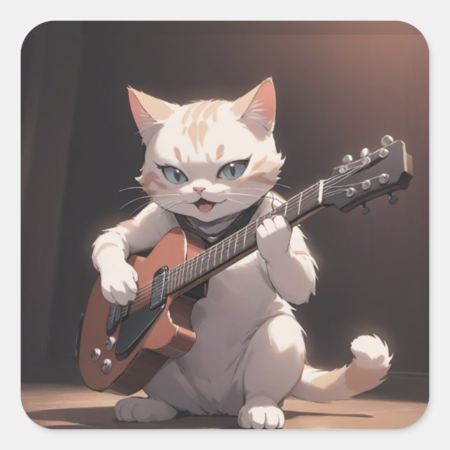 Funny Playing Gitarre Cat Art Quadratischer Aufkleber (Vorderseite)