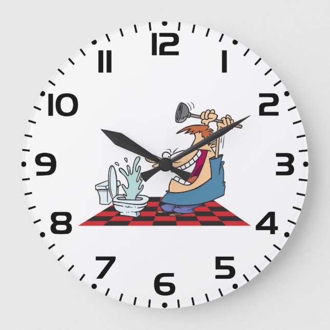 Funny Plumber with Toilet Plunge Humor Große Wanduhr (Vorderseite)