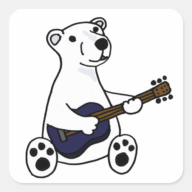 Funny Polar Bear Playing Guitar Quadratischer Aufkleber (Vorderseite)