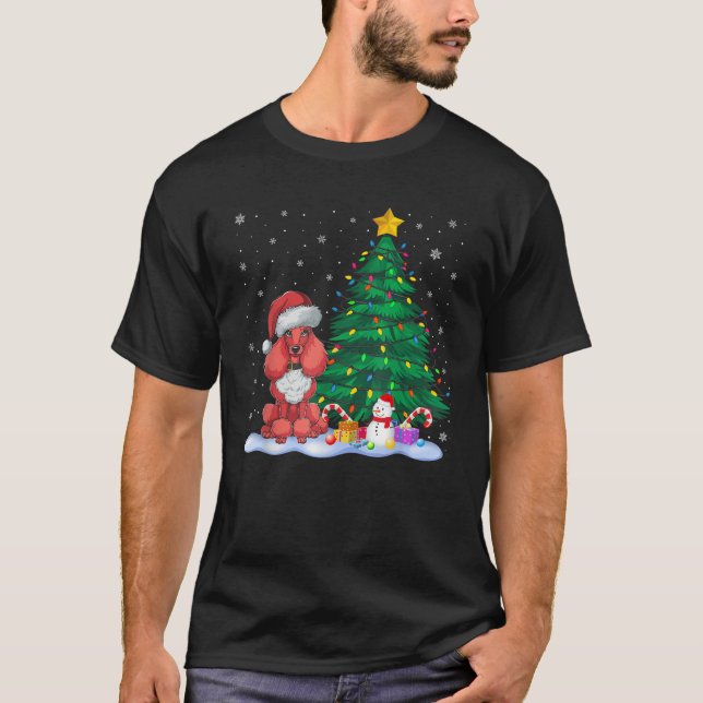Funny Poodle Dog Xmas Tree Lights Reindeer Hat Chr T-Shirt (Vorderseite)