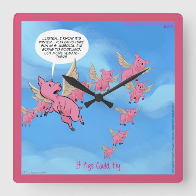 Funny Portland Vegan Flying Pig Wall Clock Quadratische Wanduhr (Vorderseite)