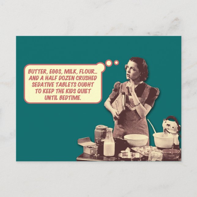 Funny Postcard - Retro Hausfrau Sleepytime Cake Postkarte (Vorderseite)