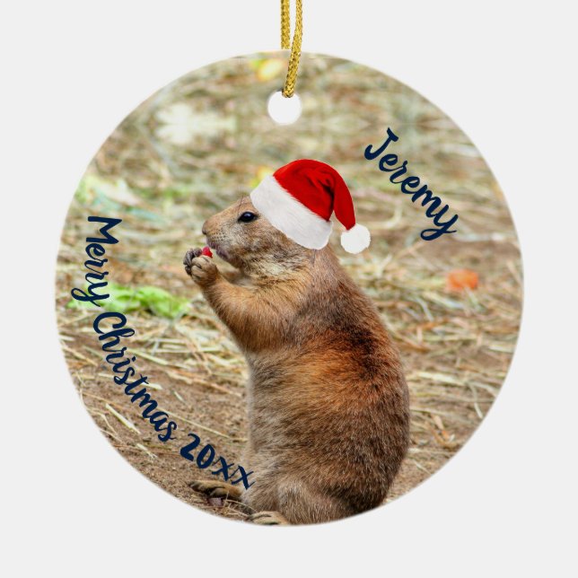 Funny Prairie Dog in Weihnachtsmannmütze Keramik Ornament (Vorne)