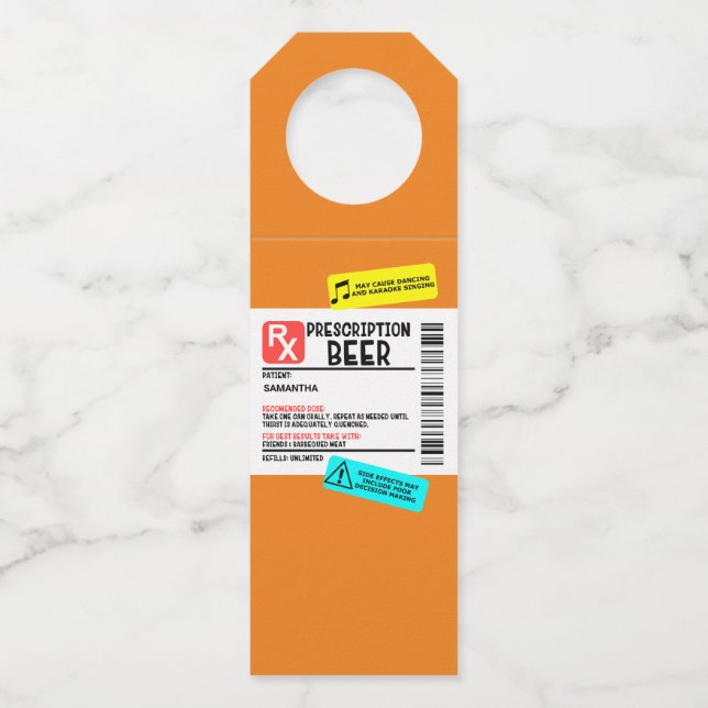 Funny Prescription Beer Warning Label Personalisie Flaschenanhänger (Vorderseite)