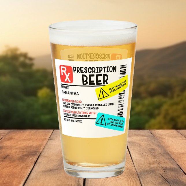 Funny Prescription Beer Warning Label Personalisie Glas (Von Creator hochgeladen)