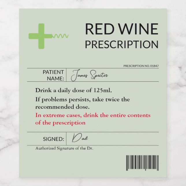 Funny Prescription Weinetikett Rotes Weißes Rose V (Einzelnes Label)