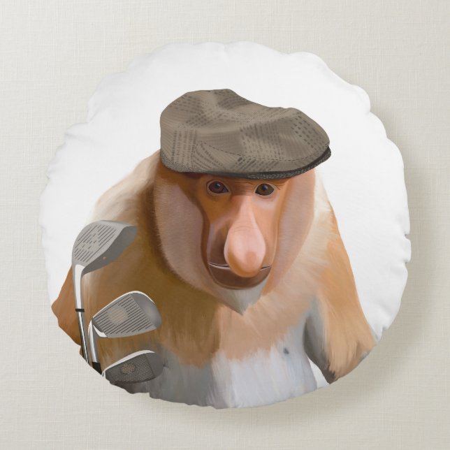 Funny Proboscis Monkey Golfer Rundes Kissen (Vorderseite)