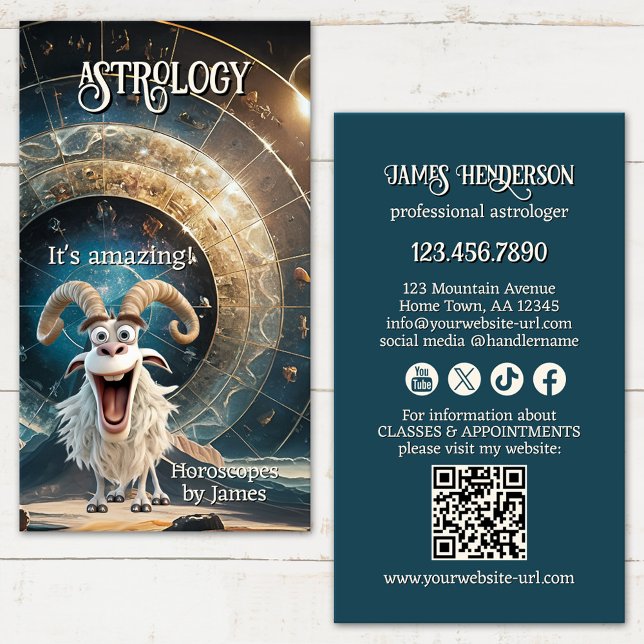 Funny Professional Astrologer Visitenkarte (Professional astrologer business card showing a funny design with an Aries - QR code - social media)
