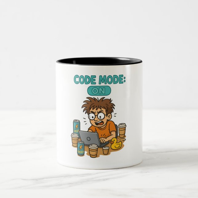 Funny Programmer Cartoon mit "Code Mode: ON" Zweifarbige Tasse (Mittel)