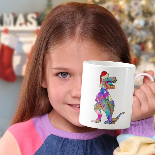 Funny Psychedelic Tyrannosaurus Rex Santa Dinosaur Kaffeetasse (Colorful Christmas dinosaur T-Rex wearing a Santa hat pink purple green dino for girls)