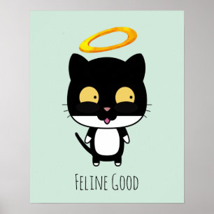Funny Puff Black Cat mit einem Golden Halo Cartoon Poster