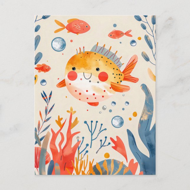 Funny Puffer Fisch in der Nähe von Vibranff Reef Postkarte (Vorderseite)